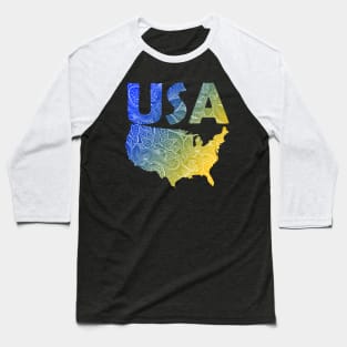 Colorful mandala art map of the United States of America with text in blue and yellow Baseball T-Shirt